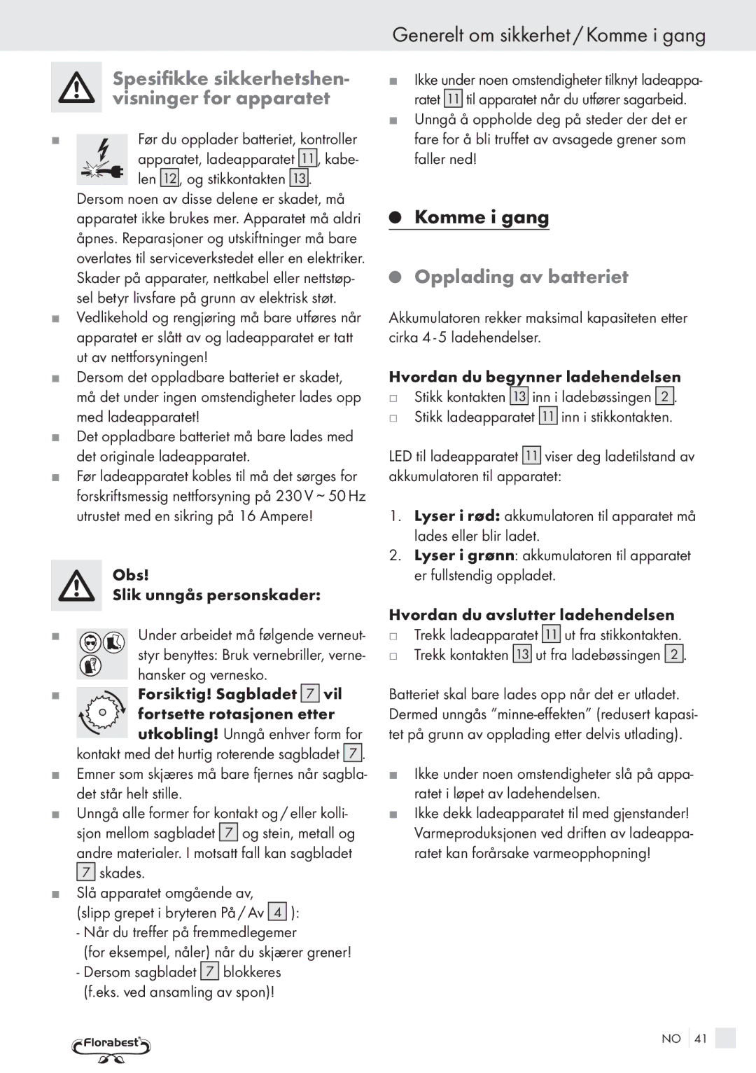 Bench PRC 9.6 manual Generelt om sikkerhet / Komme i gang, Spesifikke sikkerhetshen- visninger for apparatet 